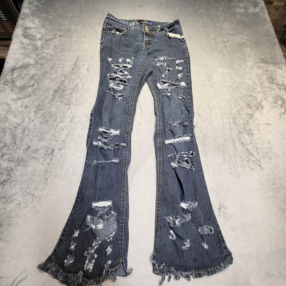 Angels Jeans Juniors 7 Blue Dark Wash Flared Distressed Ripped Stretch Denim